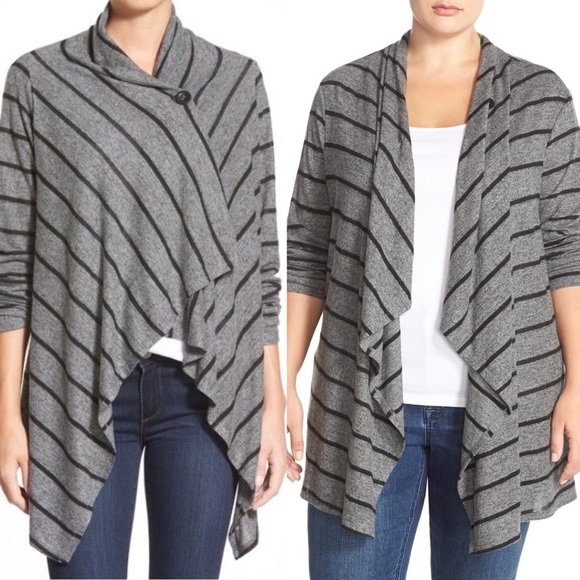 BOBEAU Stripe Open Front One Button Cardigan With & Long Sleeves Grey/Black Sz L - Picture 1 of 10